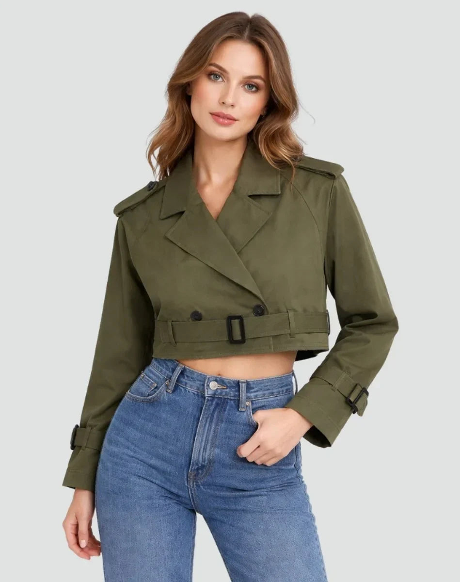Women's Cropped Double-Breasted Belted Trench Coat Jacket