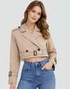 Women's Cropped Double-Breasted Belted Trench Coat Jacket