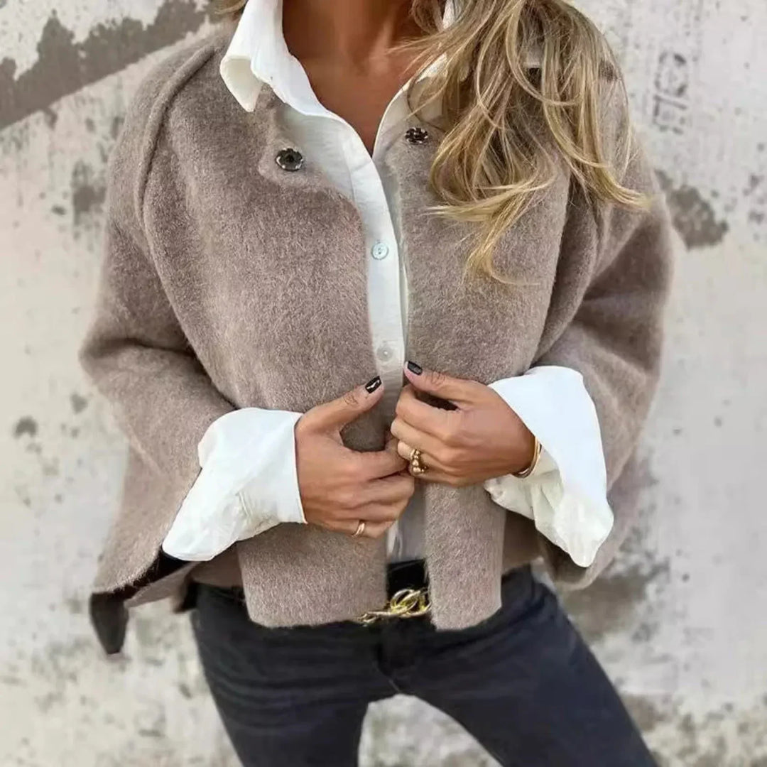 Women's Cropped Soft Knit Cardigan – Wide-Sleeve Stand-Collar Front
