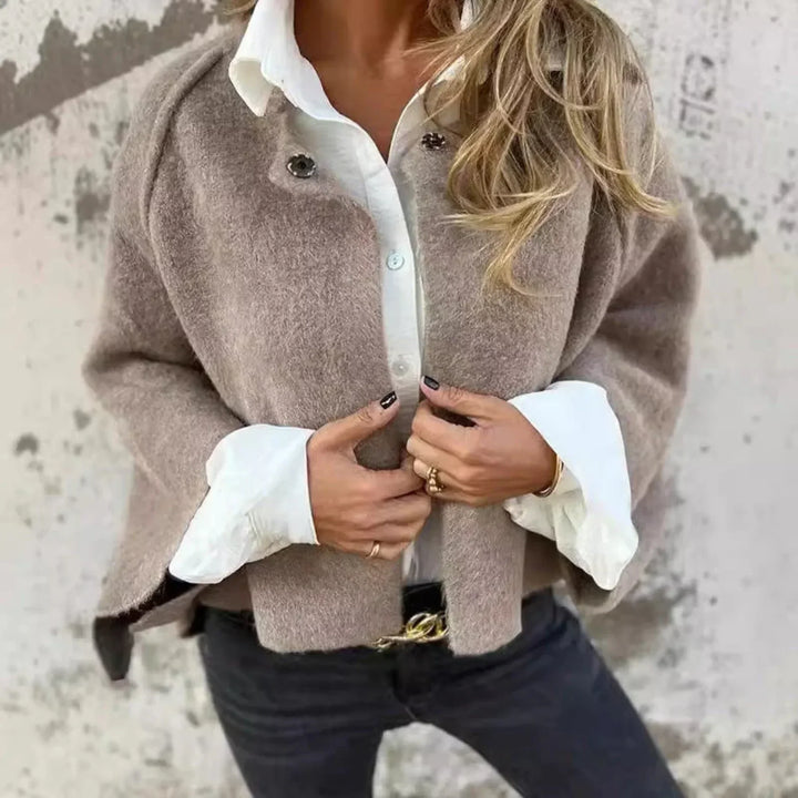 Women's Cropped Soft Knit Cardigan – Wide-Sleeve Stand-Collar Front