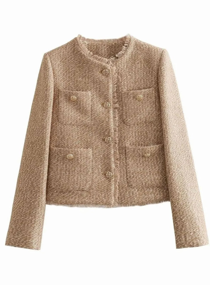 Women's Button-Front Cropped Tweed Winter Jacket
