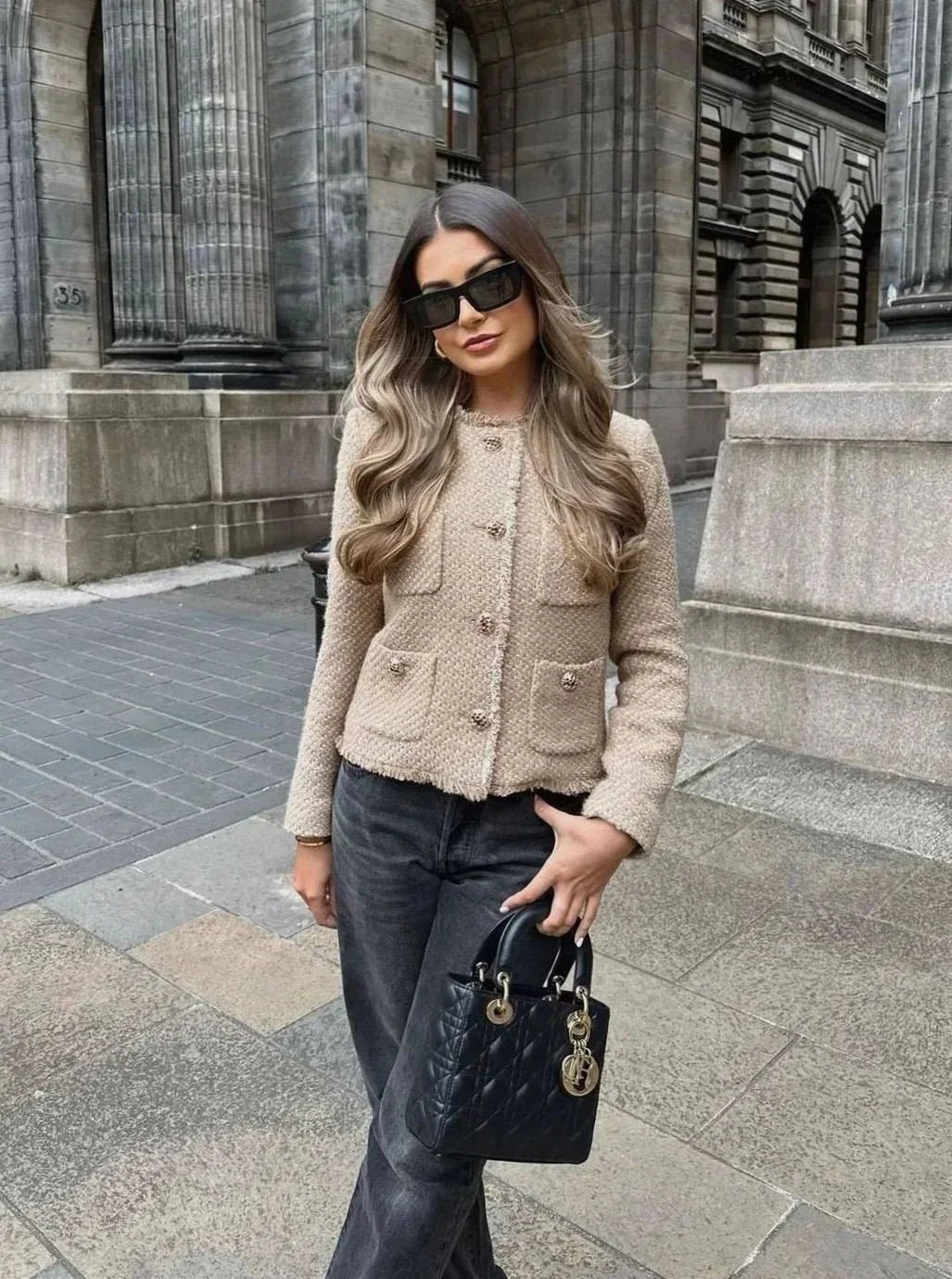 Women's Button-Front Cropped Tweed Winter Jacket