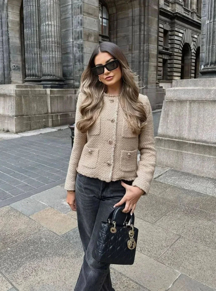 Women's Button-Front Cropped Tweed Winter Jacket