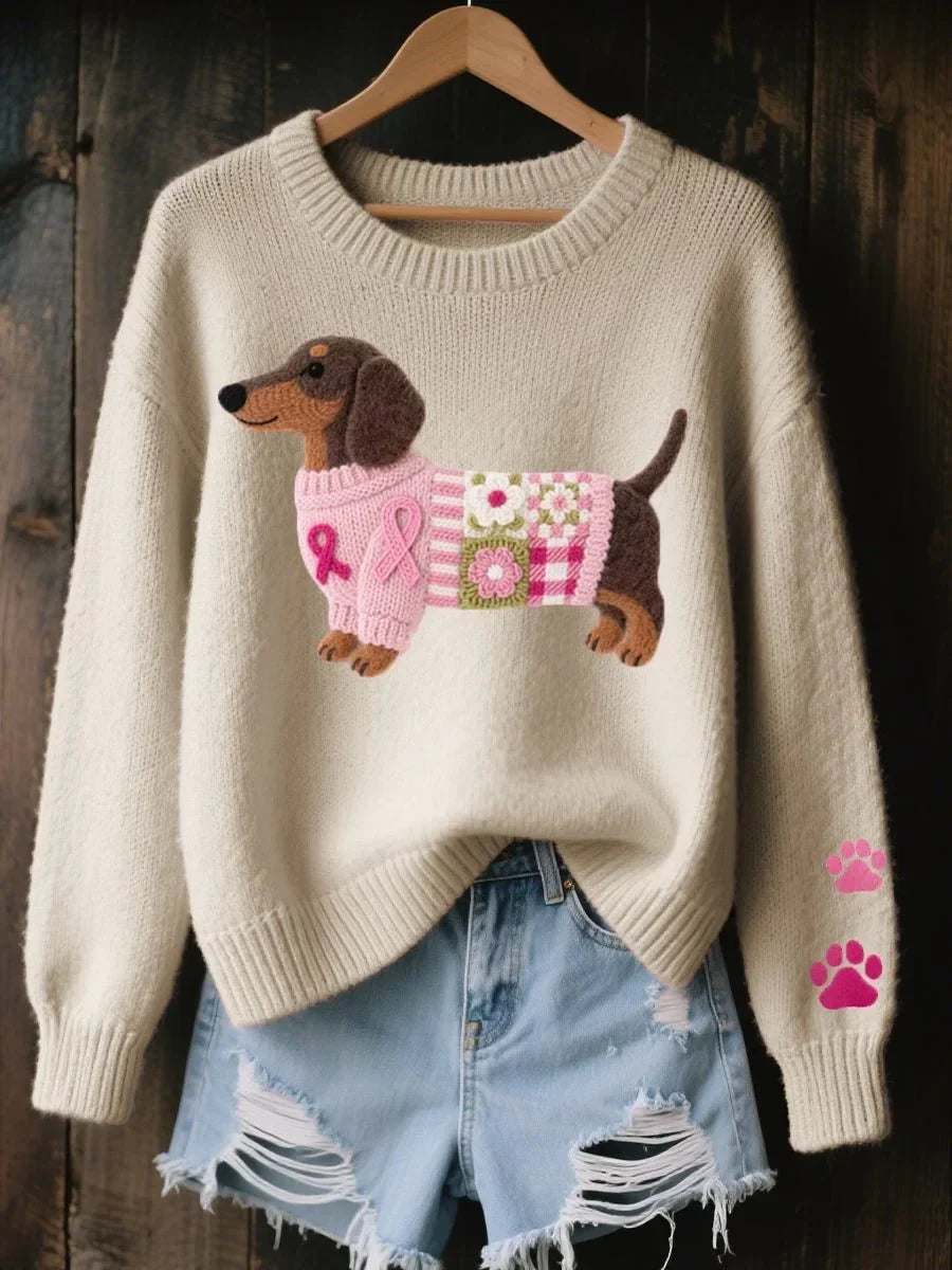 Women's Dachshund Patchwork Crewneck Knit Sweater