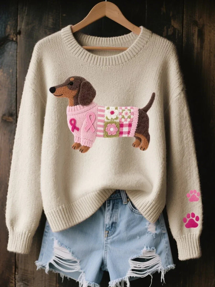 Women's Dachshund Patchwork Crewneck Knit Sweater