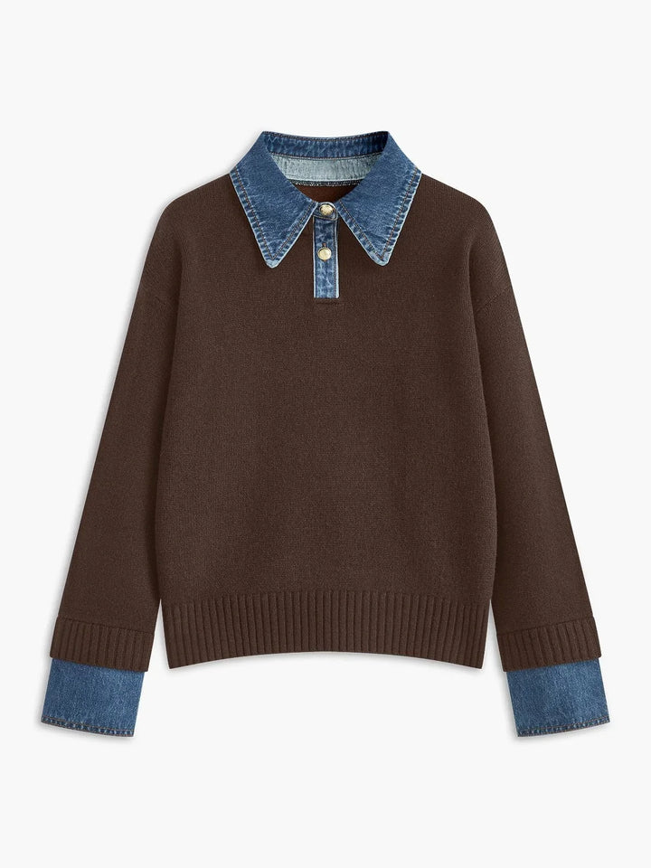 Women's Denim-Collar Knit Polo Sweater