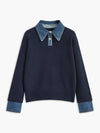 Women's Denim-Collar Knit Polo Sweater