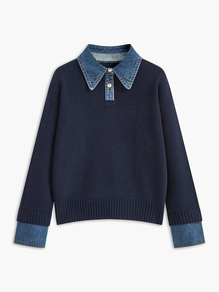 Women's Denim-Collar Knit Polo Sweater