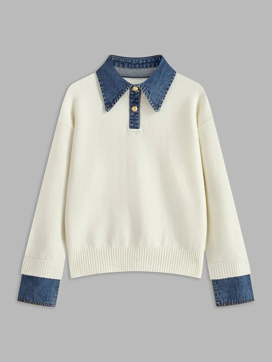 Women's Denim-Collar Knit Polo Sweater