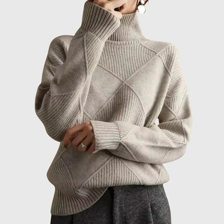 Women's Diamond-Pattern Knit Sweater – Turtleneck And Ribbed Cuffs