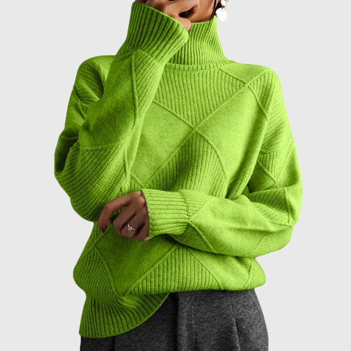 Women's Diamond-Pattern Knit Sweater – Turtleneck And Ribbed Cuffs