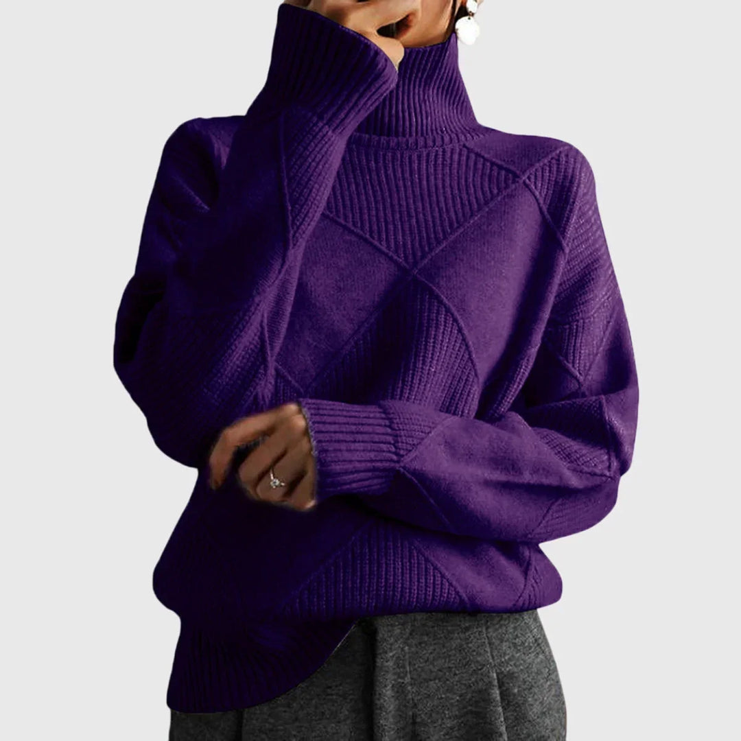 Women's Diamond-Pattern Knit Sweater – Turtleneck And Ribbed Cuffs