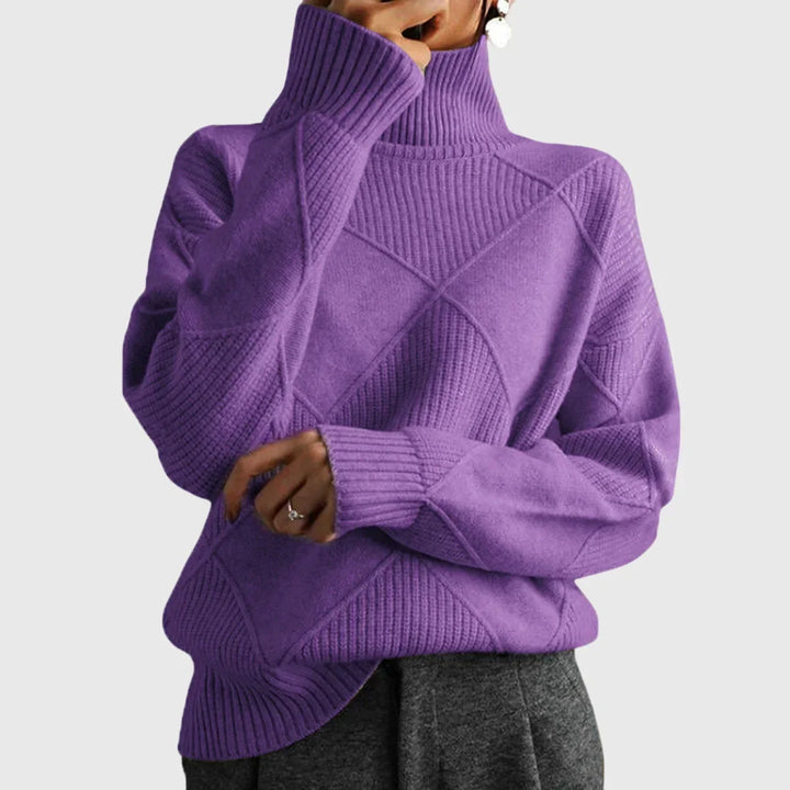 Women's Diamond-Pattern Knit Sweater – Turtleneck And Ribbed Cuffs
