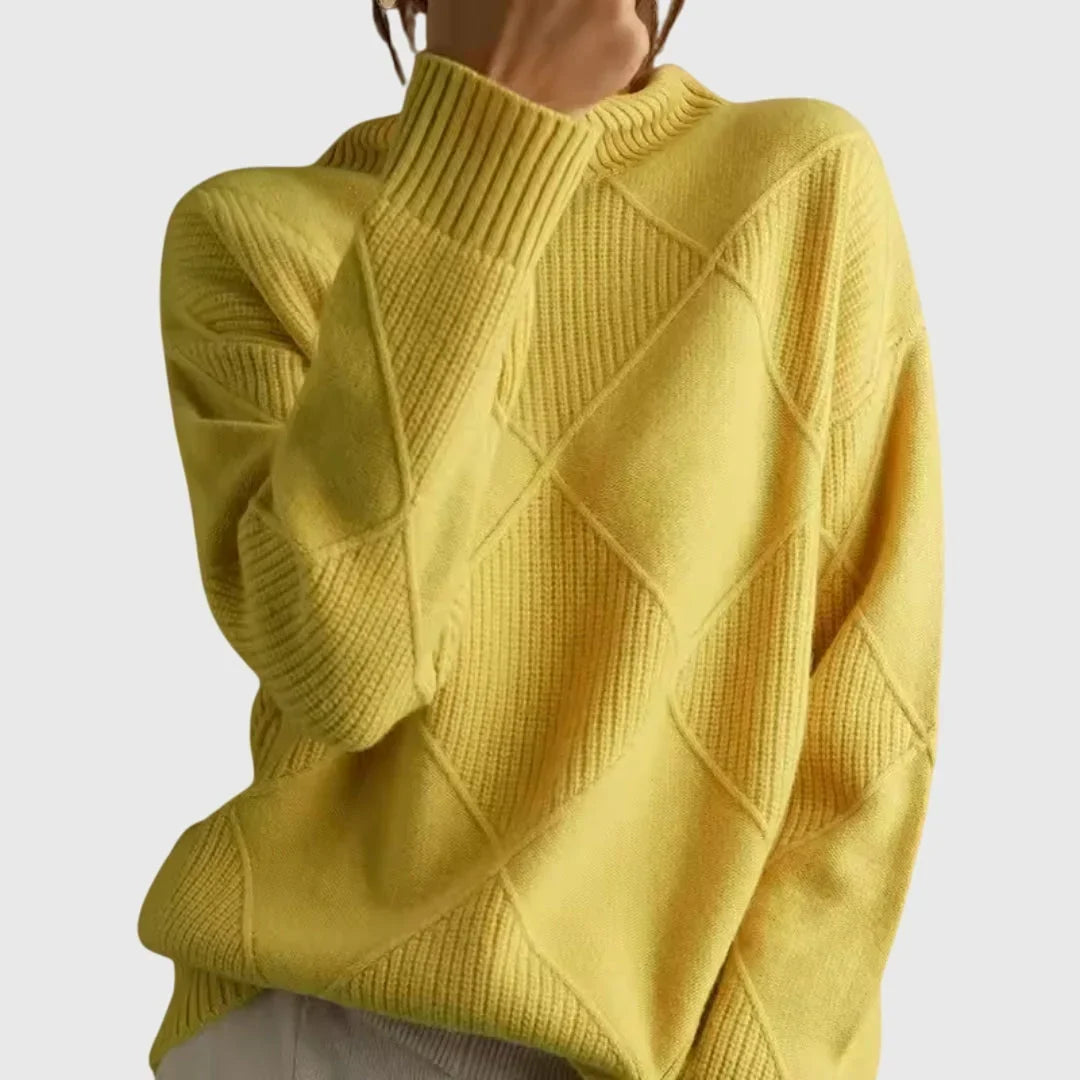 Women's Diamond-Pattern Knit Sweater – Turtleneck And Ribbed Cuffs