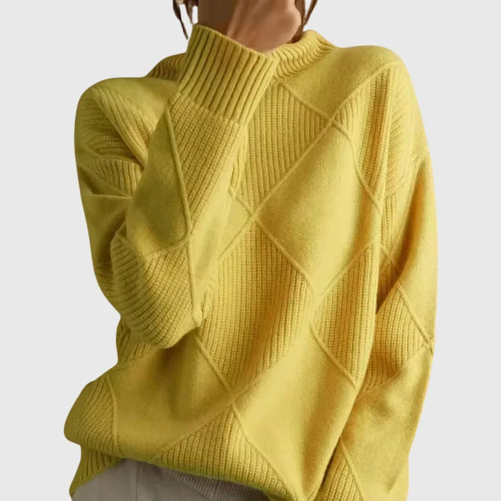 Women's Diamond-Pattern Knit Sweater – Turtleneck And Ribbed Cuffs