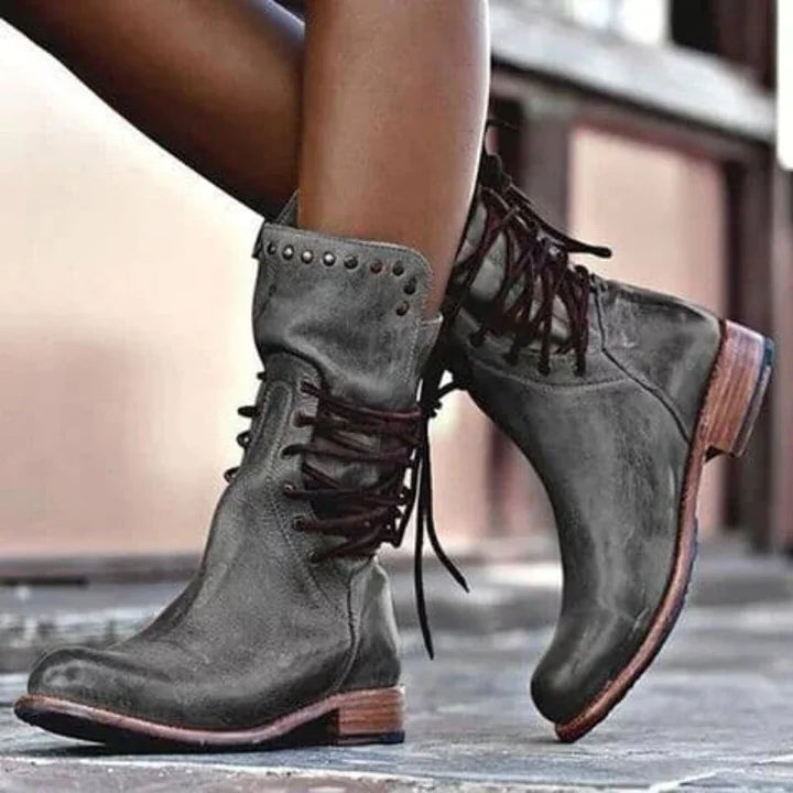 Women's Distressed Faux Leather Lace-Up Boots – Studded Cuff Detail