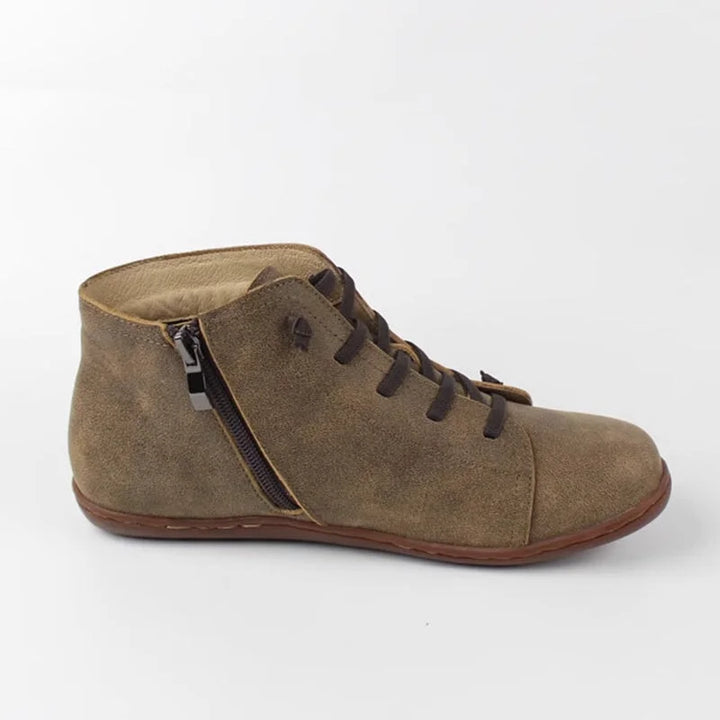 Women's Distressed Leather Ankle Boots – Side Zipper And Lace-Up Front