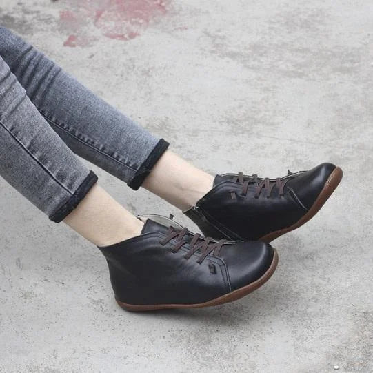 Women's Distressed Leather Ankle Boots – Side Zipper And Lace-Up Front