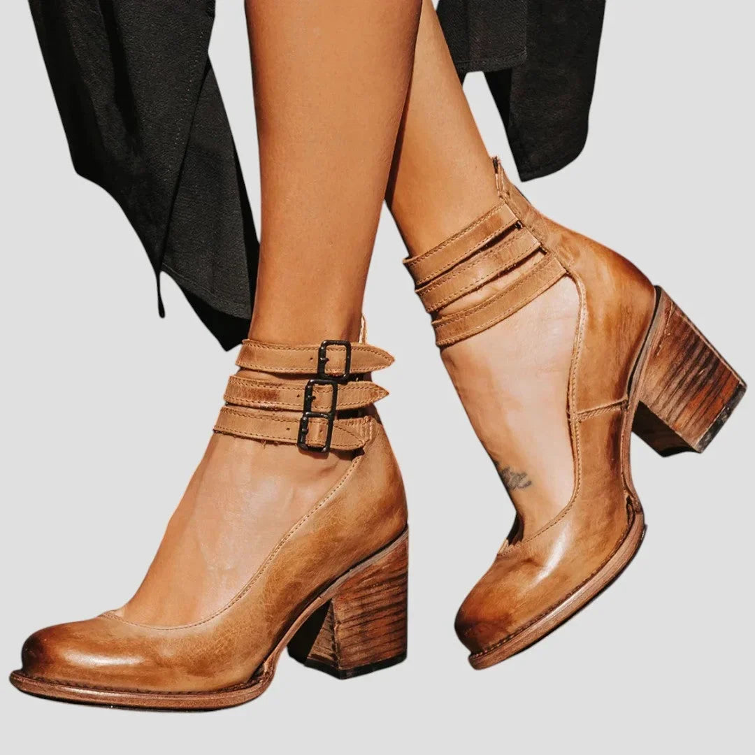 Women's Distressed Leather Cut-Out Boots – Triple-Buckle Ankle Straps