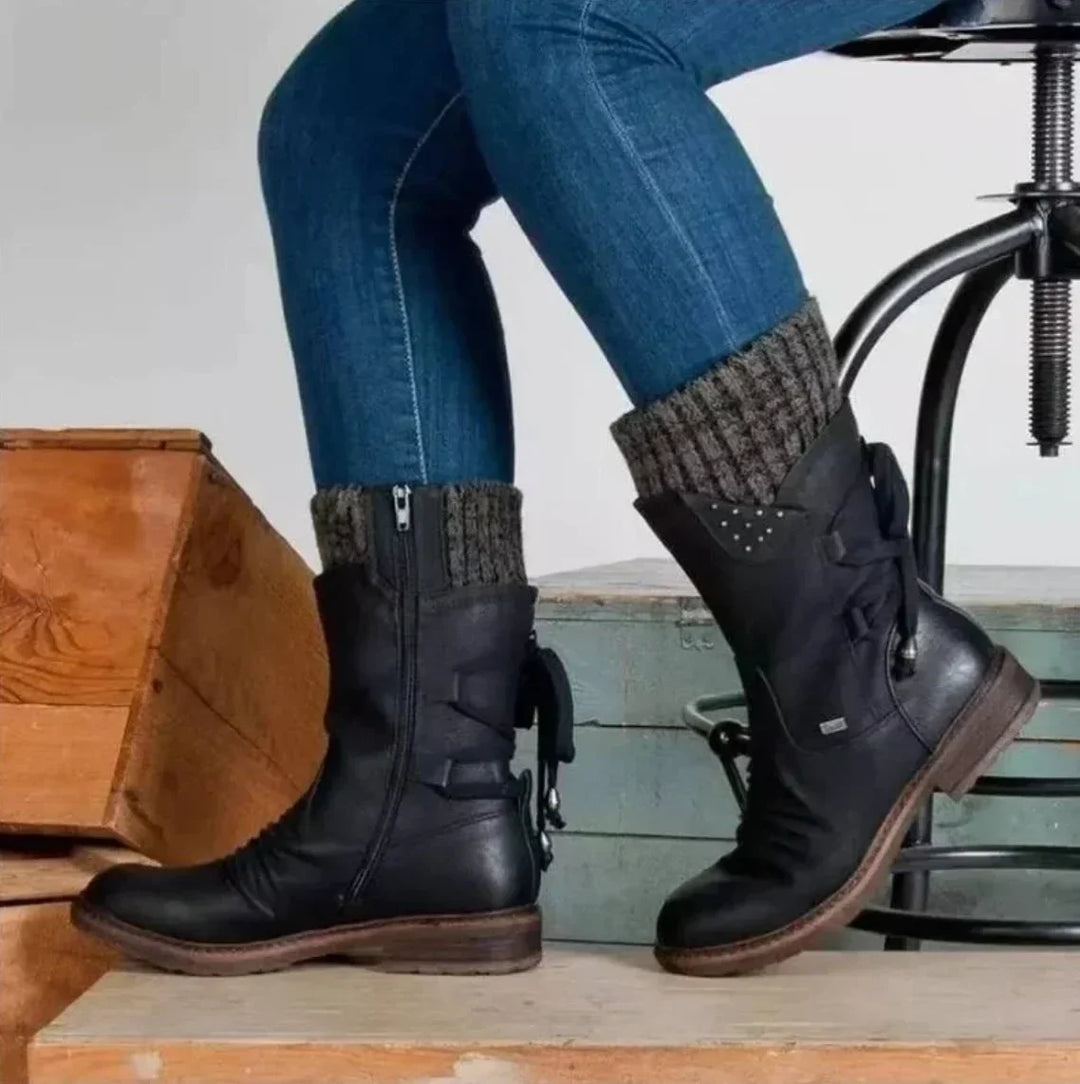 Women's Distressed Mid-Calf Boots – Side Zipper And Studded Lace-Up Back