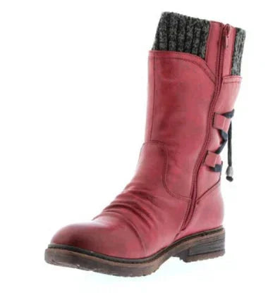 Women's Distressed Mid-Calf Boots – Side Zipper And Studded Lace-Up Back
