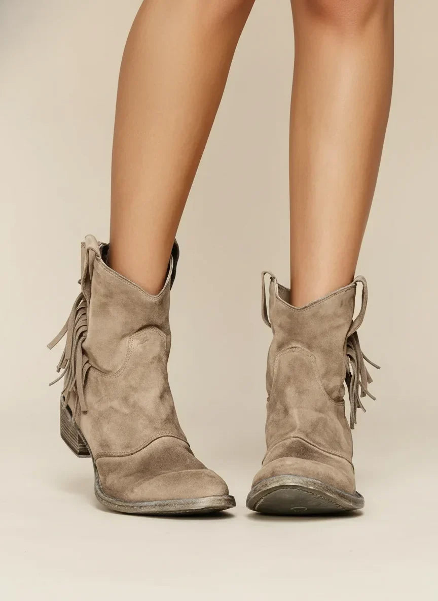 Women's Distressed Suede Fringed Western Cowboy Boots – Pull-On Style