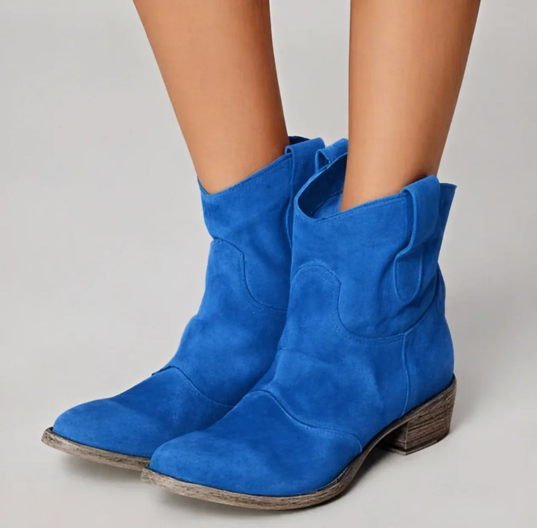 Women's Distressed Western-Style Suede Ankle Boots – Low Block Heel