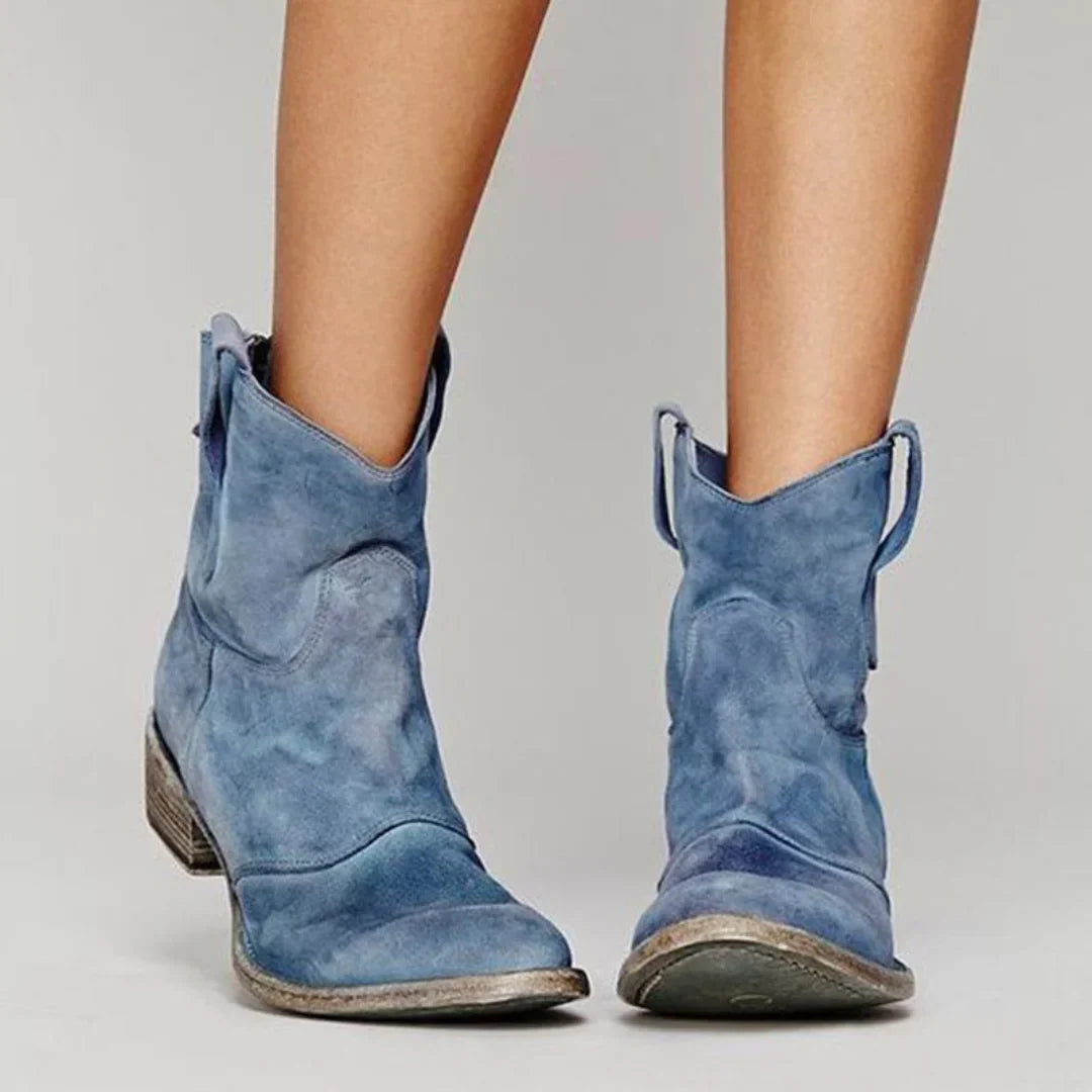 Women's Distressed Western-Style Suede Ankle Boots – Low Block Heel