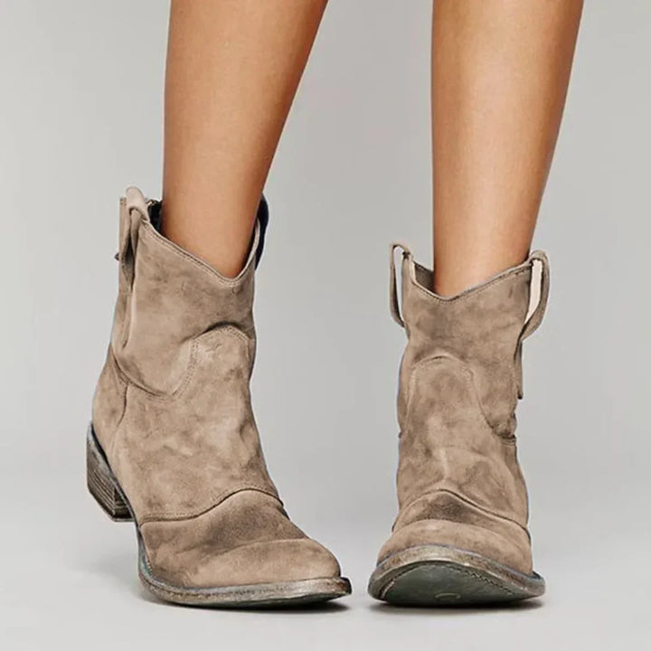 Women's Distressed Western-Style Suede Ankle Boots – Low Block Heel