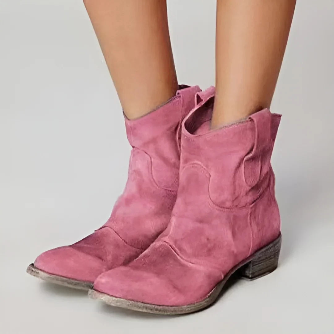 Women's Distressed Western-Style Suede Ankle Boots – Low Block Heel