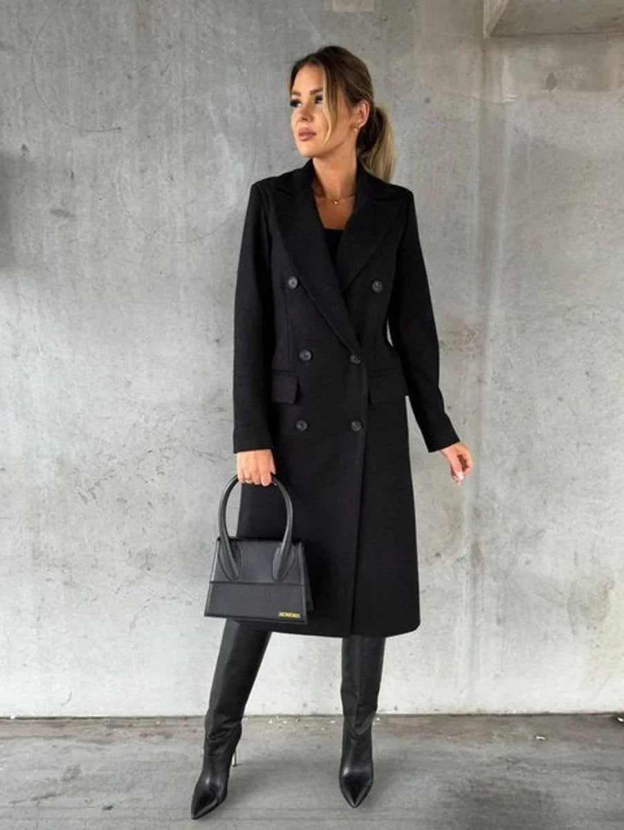 Women's Double-Breasted Long-Sleeve Midi Overcoat