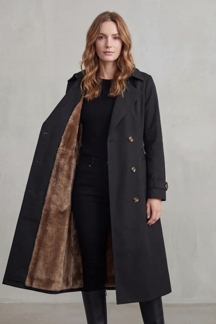 Women's Double-Breasted Faux Fur Lined Winter Trench Coat