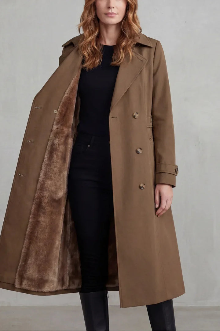Women's Double-Breasted Faux Fur Lined Winter Trench Coat