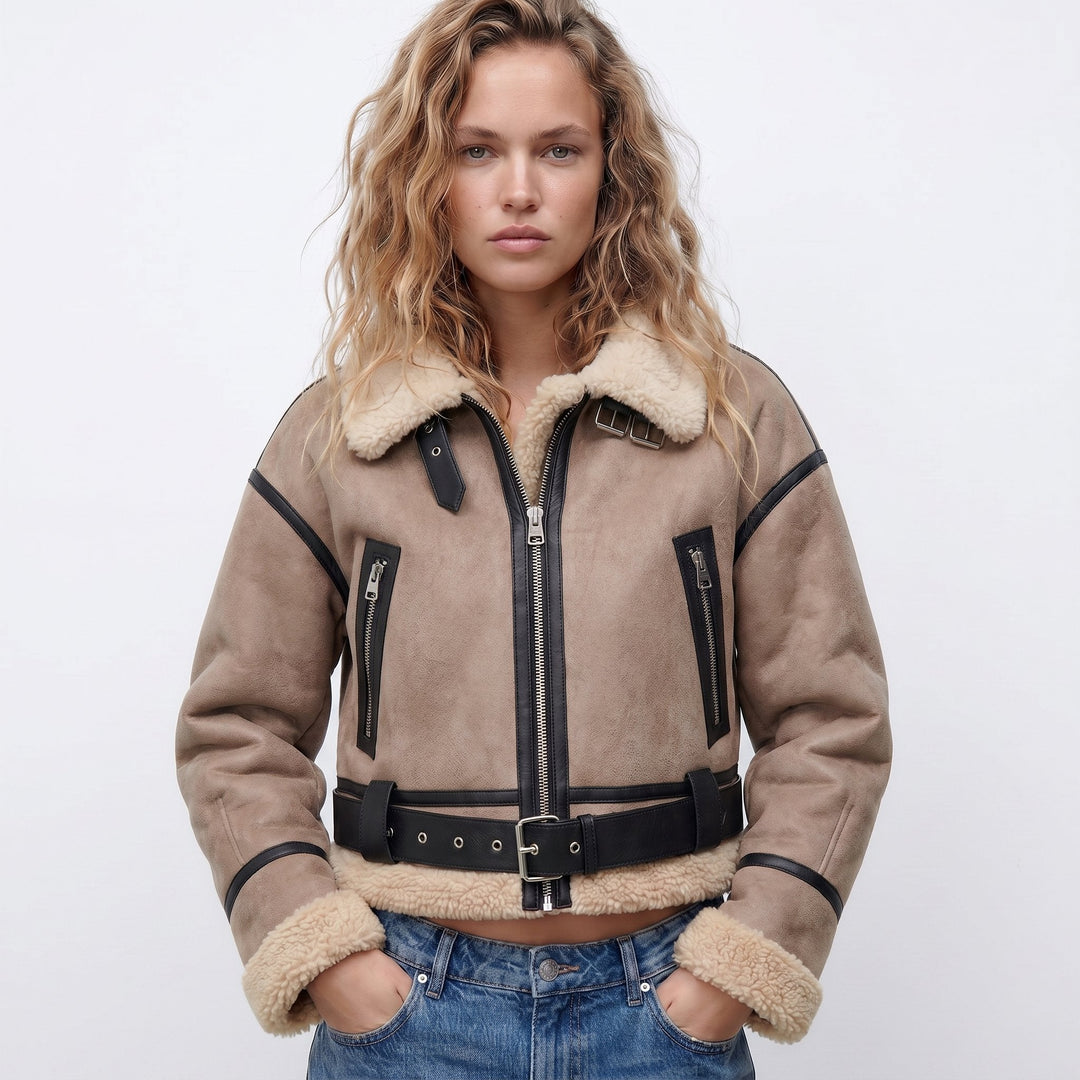 Women's Jacket – Brown Leather Faux-Shearling Aviator