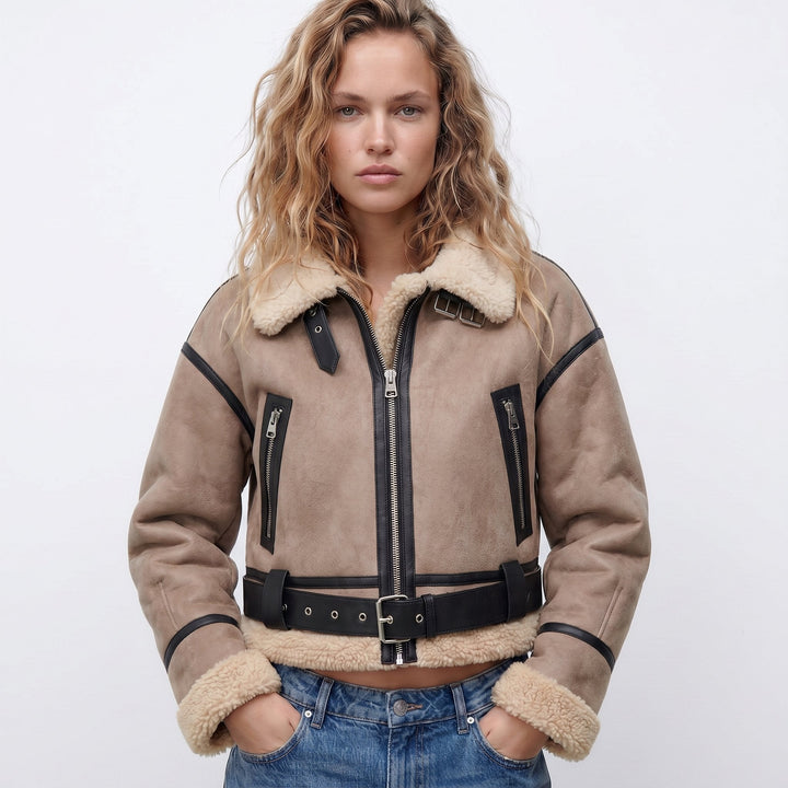 Women's Jacket – Brown Leather Faux-Shearling Aviator