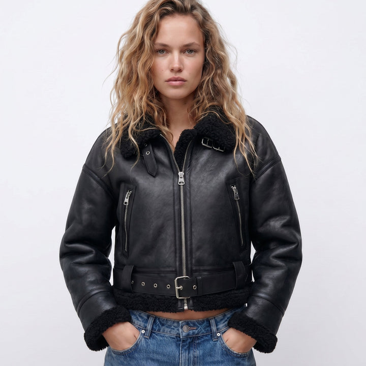 Women's Jacket – Brown Leather Faux-Shearling Aviator