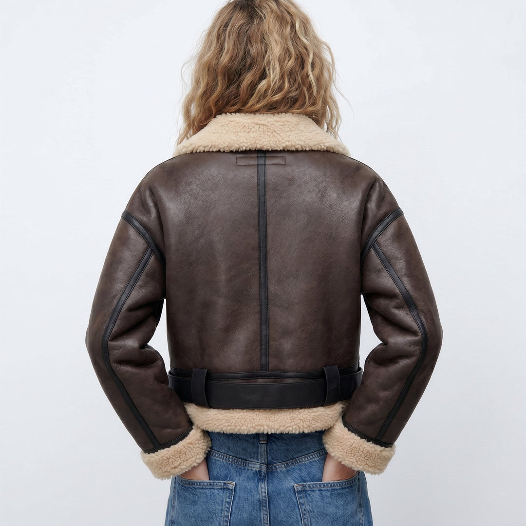 Women's Jacket – Brown Leather Faux-Shearling Aviator