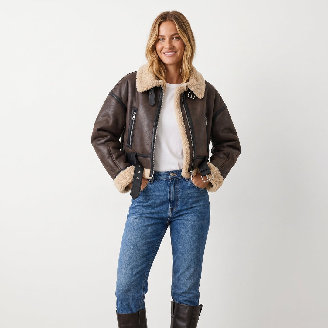 Women's Jacket – Brown Leather Faux-Shearling Aviator
