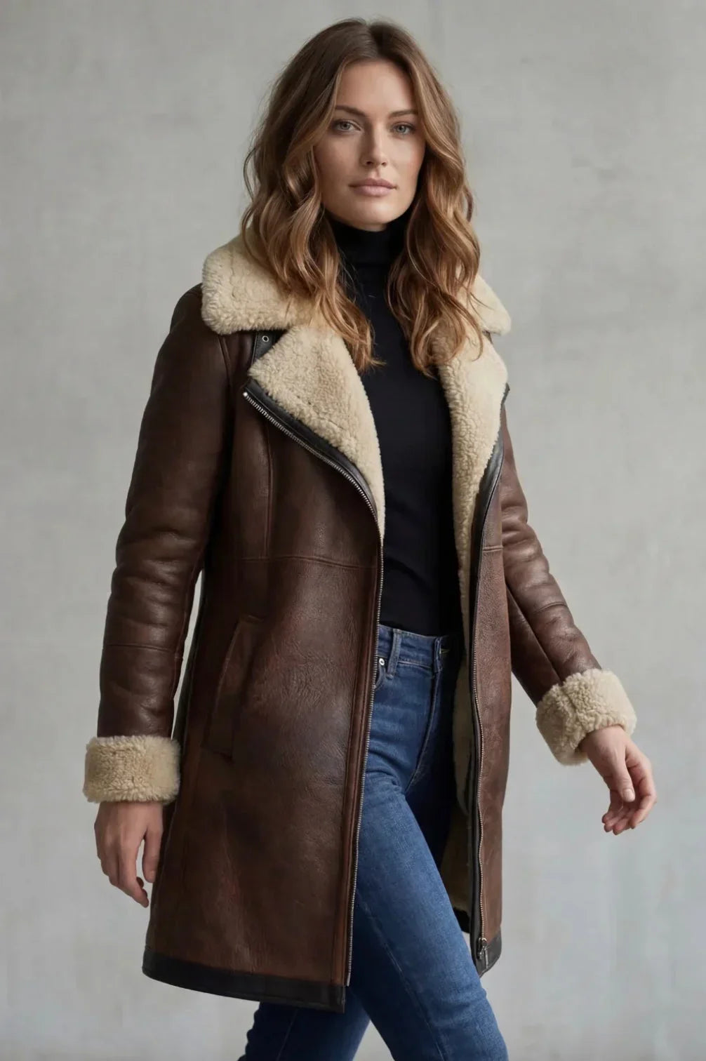 Women's Leather Long Winter Coat Shearling Lining