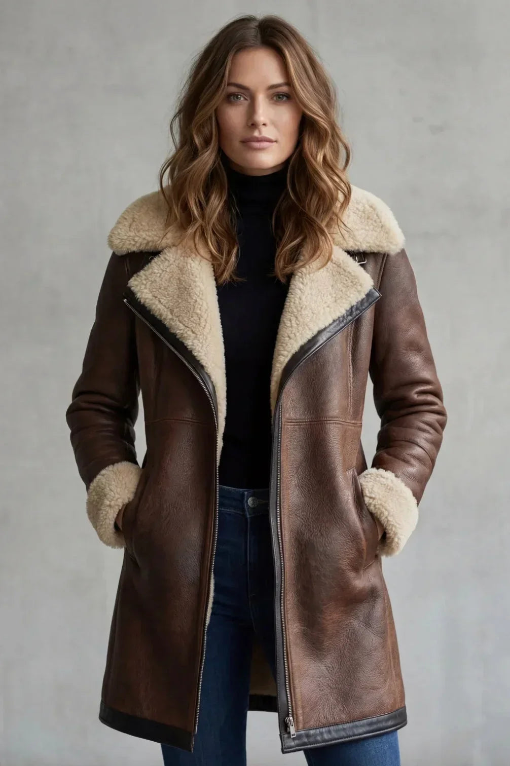 Women's Leather Long Winter Coat Shearling Lining