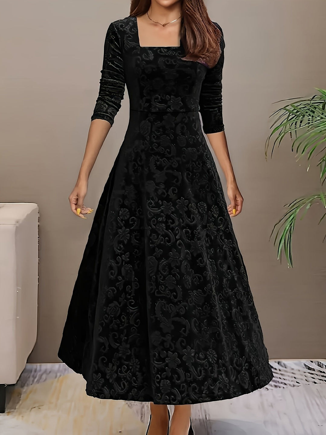 Women's Midi Dress – Embossed Velvet Square-Neck Three-Quarter Sleeves