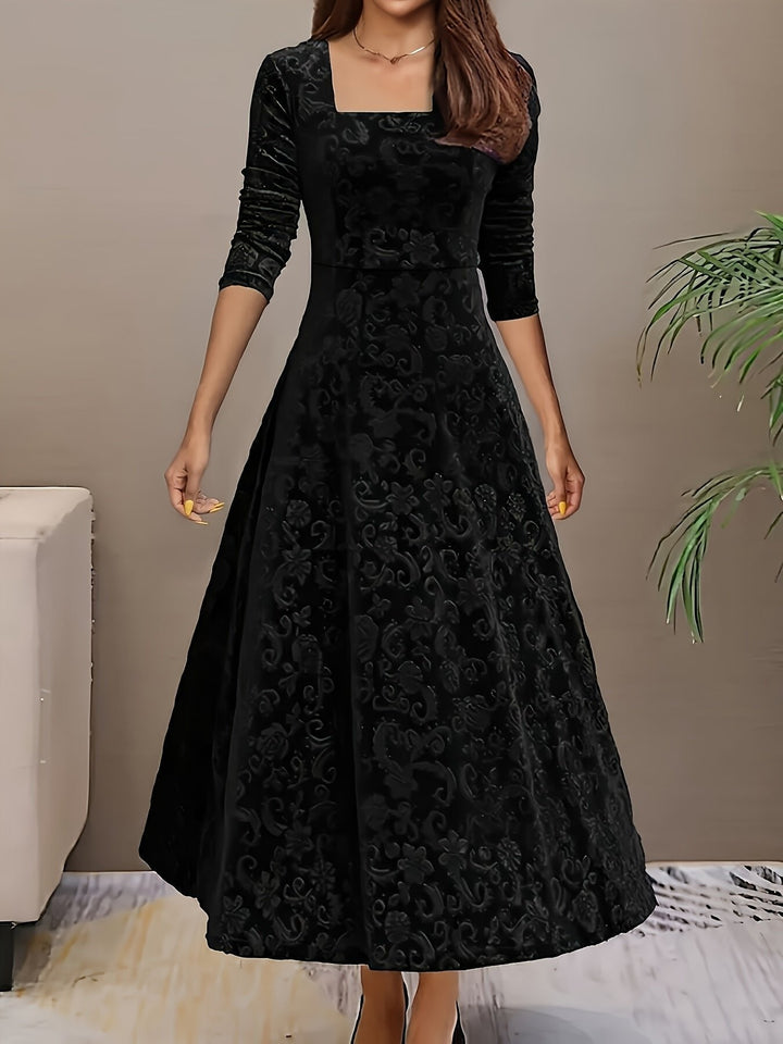 Women's Midi Dress – Embossed Velvet Square-Neck Three-Quarter Sleeves