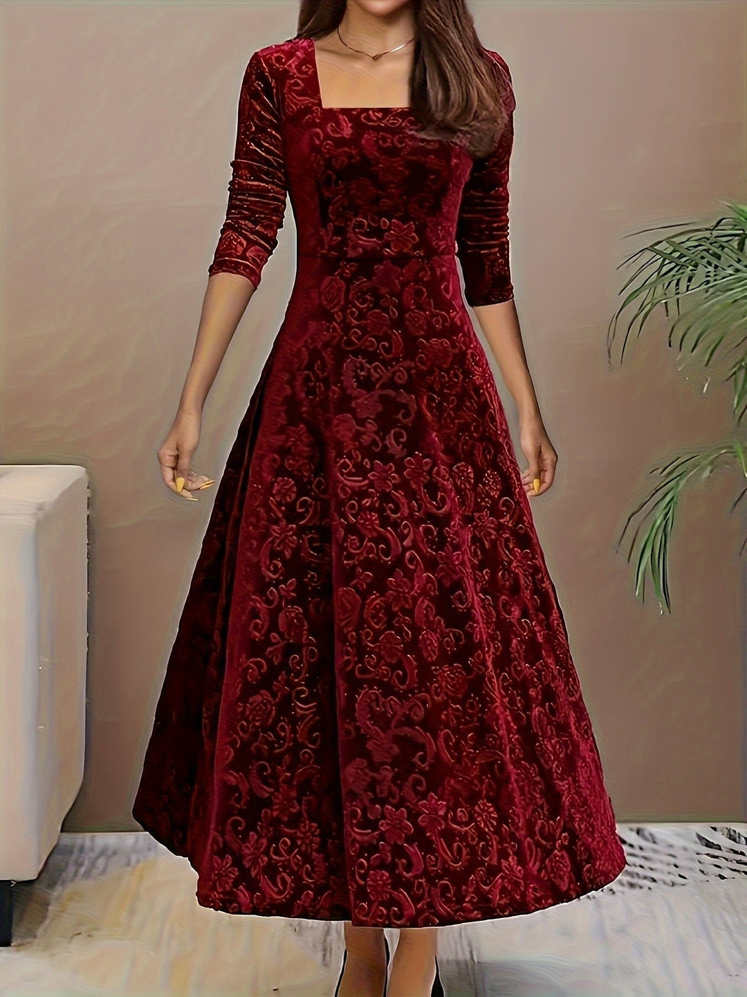 Women's Midi Dress – Embossed Velvet Square-Neck Three-Quarter Sleeves