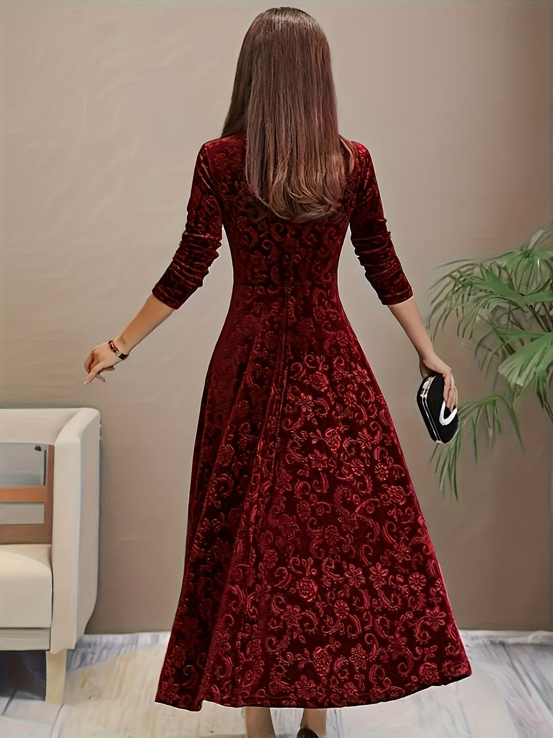 Women's Midi Dress – Embossed Velvet Square-Neck Three-Quarter Sleeves