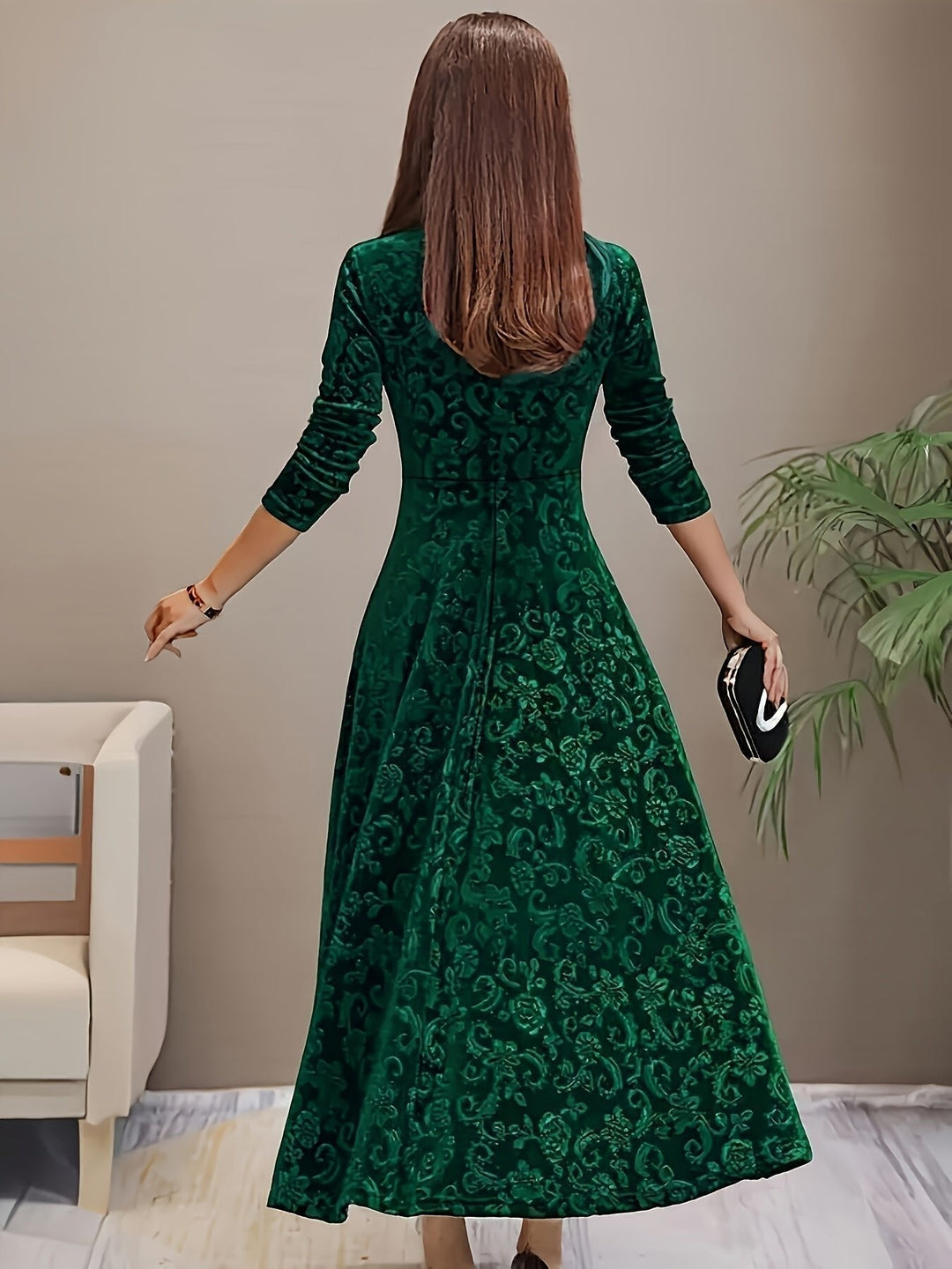 Women's Midi Dress – Embossed Velvet Square-Neck Three-Quarter Sleeves
