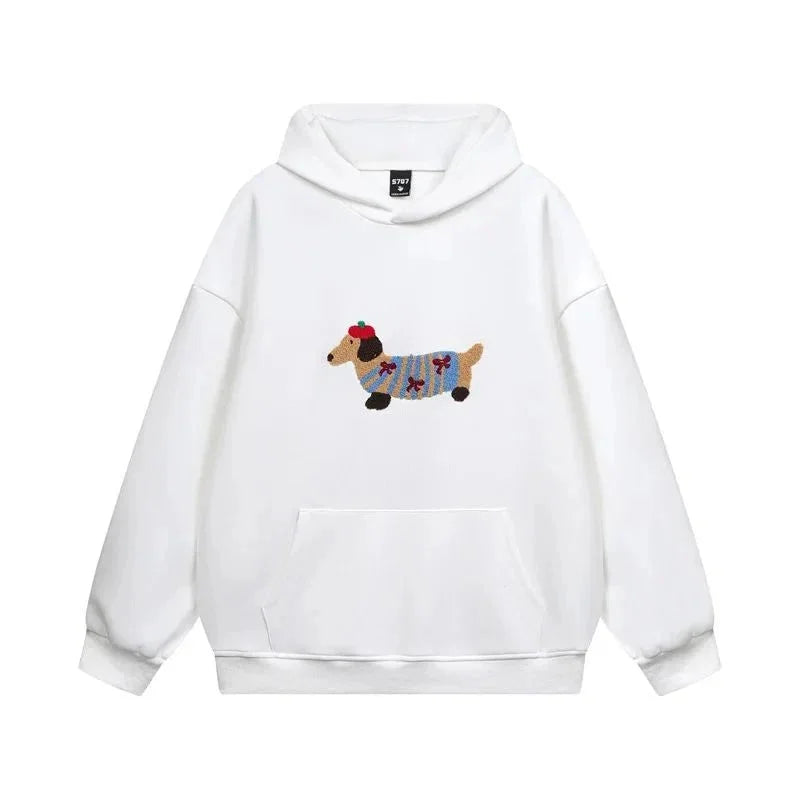 Women's Oversized Hooded Embroidered Dachshund Jumper