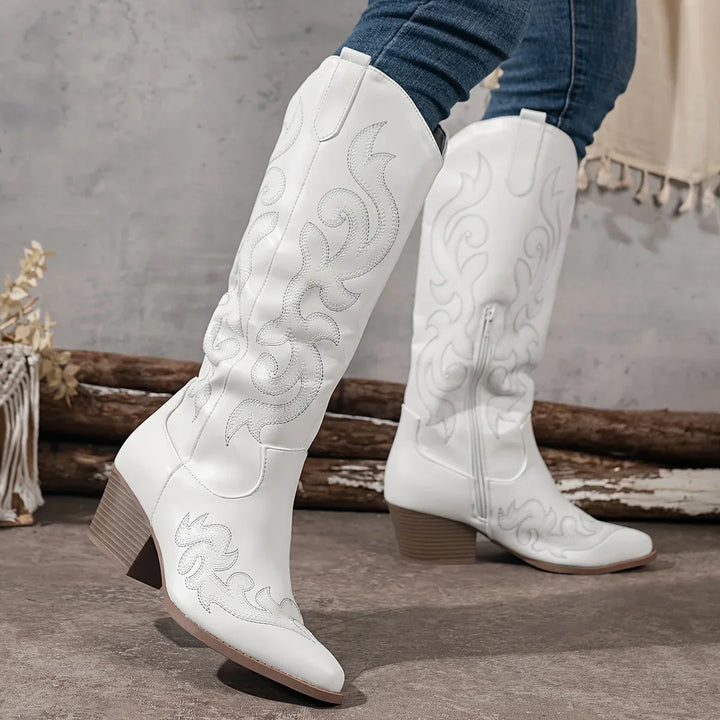Women's Embroidered Western Faux Leather Knee-High Boots – Side Zipper And Block Heel