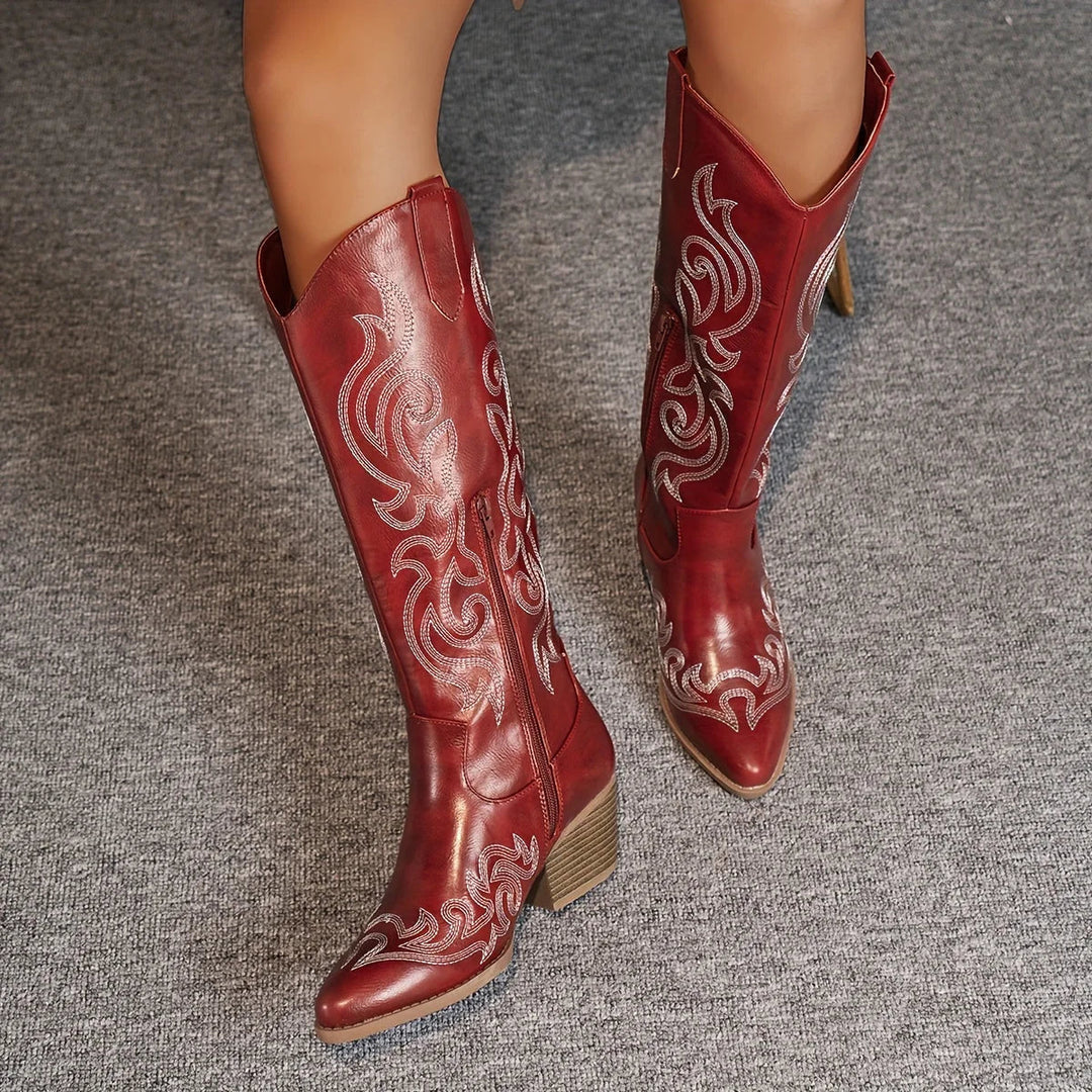 Women's Embroidered Western Faux Leather Knee-High Boots – Side Zipper And Block Heel