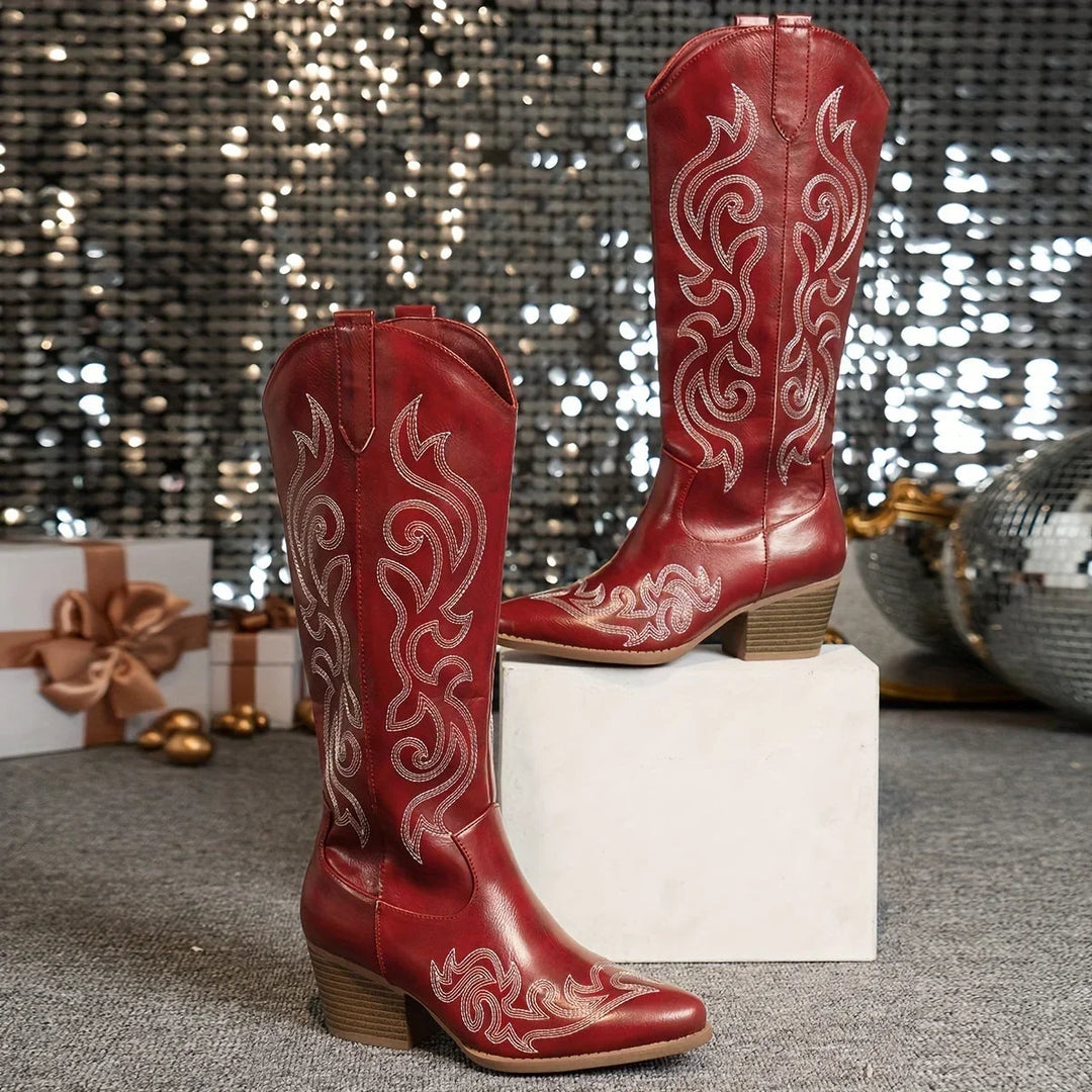 Women's Embroidered Western Faux Leather Knee-High Boots – Side Zipper And Block Heel