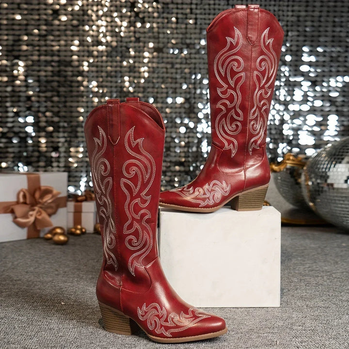 Women's Embroidered Western Faux Leather Knee-High Boots – Side Zipper And Block Heel